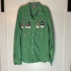White Stag Womens Button Up Novelty Print Embroidered Christmas Top‎ XL Snowman